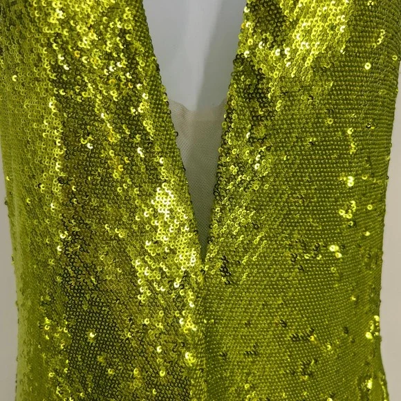 Halston Neon Kiara Green Sequin Deep V-Neck Slip Gown Floor Length Dress Size 10 - Picture 9 of 16